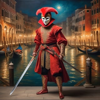 
A full body representation of a swordsman wearing a red Venetian mask, dynamic pose, intricate, colorful, fine facial details, Venice city by night on background, sharp focus, aged oil painting in the style of rembrandt