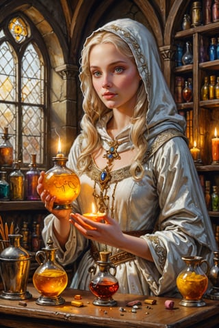 Photorealistic, Award Winning, Ultra Realistic, 8k, of a very light-skinned 25 years old good sweet girl preparing potions in her study. She is diaphanous, has blonde hair and wears a medieval white dress with hood and tippet, richly silver embroidered. Medieval atmosphere. On background we see one yellow and orange stained glasses window lighting an old castle room, many bright colored potion ampoules on the shelves. Masterpiece, maximalist, ultra highly detailed, Dynamic Poses, Alluring, Amazing, Excellent, Detailed Face, Beautiful Symmetric Eyes, Heavenly, Very Refined, pure silver light, digital painting, art_booster