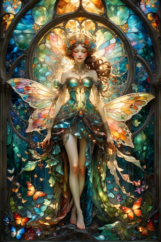 Full body fairy, magical fantasy art is done in oil paint and liquid chrome, liquid rainbow, best quality, art on a cracked paper, fairytale, patchwork, (stained glass:1.2), storybook detailed illustration, cinematic, ultra highly detailed, tiny details, beautiful details, mystical, luminism, vibrant colors, complex background, resolution hyperdetailed intricate liminal eerie precisionism, intricate background, (dark luminescent:1.2) art by Alphonse Mucha, Kinuko Y Craft, Arthur Rackham, Jean Baptiste Monge,crystalz