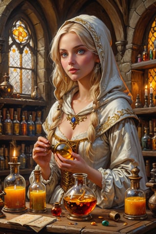 Photorealistic, Award Winning, Ultra Realistic, 8k, of a 25 years old good sweet girl preparing potions in her study. She has blonde hair and wears a medieval white dress with hood and tippet, richly silver embroidered. Medieval atmosphere. On background we see one yellow and orange stained glasses window lighting an old castle room, (many bright colored potion ampoules:1.4) on the shelves. Masterpiece, ultra highly detailed, Dynamic Poses, Alluring, Amazing, Excellent, Detailed Face, Beautiful Symmetric Eyes, Heavenly, Very Refined, dark golden light,digital painting,crystalz,Decora_SWstyle,art_booster