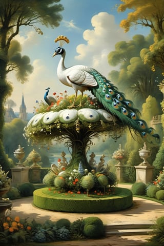 A mystical greenery garden, masterful whimsical topiary sculptures, flowers, one majestic awesome (white:1.2) peacock doing cartwheels at the center of the scene. Dreamy atmosphere, golden vibes, romantic landscape. Masterpiece, rococo style, painted by Jean-Honoré Fragonard and Michael Cheval