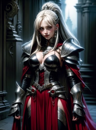 A vampire queen by Luis Royo, intricately ornated silver armor over a fine red leather dress
