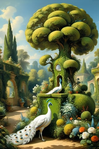 A mystical greenery garden, masterful whimsical topiary sculptures, flowers, one majestic awesome (white:1.2) peacock doing cartwheels at the center of the scene. Dreamy atmosphere, golden vibes, romantic landscape. Masterpiece, rococo style, painted by Jean-Honoré Fragonard and Michael Cheval
