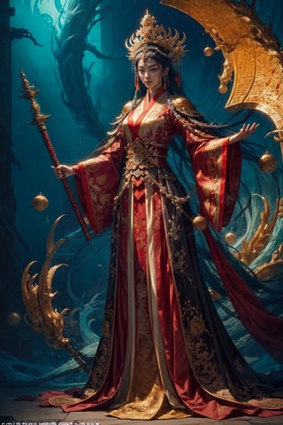 Full body shot of a character standing in majestic pose, realistic representation of a fantasy chinese empress, with the most sumptuous wedding hanfu dress made of white silk and richly embroidered with gold and silver threads, intricately carved golden badges and tassels. Underwater background, magic circles. Art by Yoshitaka Amano, Huang Guangjian, Zhong Fenghua, stunning interpretive visual, gothic regal, colorful, realistic eyes, dreamy magical atmosphere, (film grain), (warm hue, warm tone), cinematic light, side lightings,zhongfenghua,gu,weapon