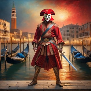 
A full body representation of a swordsman wearing a red Venetian mask, dynamic pose, intricate, colorful, fine facial details, Venice city by night on background, sharp focus, aged oil painting in the style of rembrandt