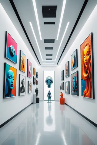 Wide view of a futuristic museal room with some artworks displayed on the white walls. Futuristic museum. Bright colors, surrealist, close shot. ,dvr-txt