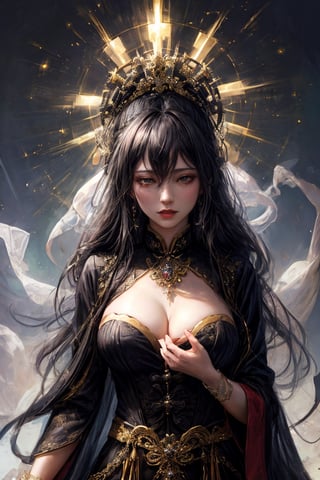 official art, unity 8k wallpaper, ultra detailed, beautiful and aesthetic, masterpiece, extreme realistic, zhongfenghua, (fractal art), (ecstasy of silk:1.5), royal palace background, ancient goddess in black and white hanfu, jewelry,  gems glowing, standing in front of a large extremely detailed golden round sculpture, gothic regal, very detailed and rich clothing, dark ornate royal robes, light particle