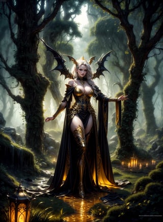 A vampire queen by Luis Royo, richly golden jeweled, standing in majestic pose, greenery forest background