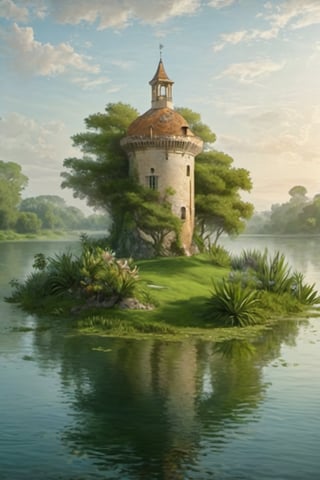 A fantastic greenery ancient garden with a pond in the center and a small French castle tower in the center of the pond. A masterpiece painted by Claude Lorrain and Jean-Honoré Fragonard, highly detailed leaves, (surreal:1.4) atmosphere, romantic landscape,island