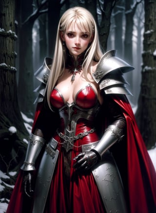 A vampire queen by Luis Royo, intricately ornated silver armor over a fine red leather dress, winter wood background