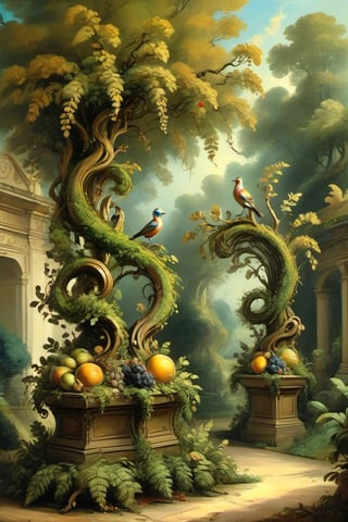 A mystical greenery garden, masterful whimsical topiary sculptures, baroque style vases, fruits, flowers, esotic birds, (multiple fantastic spirals of branches and leaves:1.9), dreamy atmosphere, golden vibes, romantic landscape. Masterpiece, rococo style, painted by Jean-Honoré Fragonard and Esao Andrews