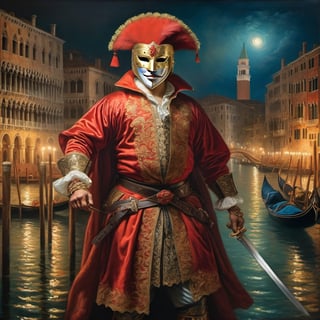 
A full body representation of a swordsman wearing a red Venetian mask, dynamic pose, intricate, colorful, fine facial details, Venice city by night on background, sharp focus, aged oil painting in the style of rembrandt