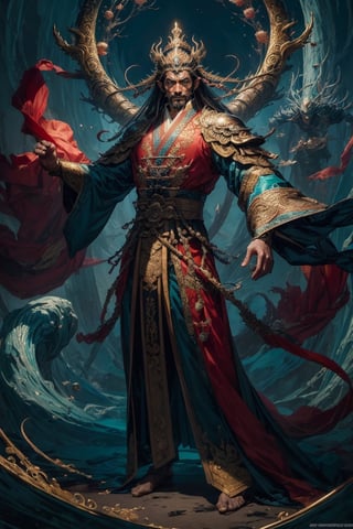 Full body shot of a character standing in majestic pose, realistic representation of a fantasy chinese god, with the most sumptuous wedding hanfu suit made of white silk and richly embroidered with gold and silver threads, intricately carved golden badges and tassels. Under the sea background, magic circles. Art by Yoshitaka Amano, Huang Guangjian, Zhong Fenghua, stunning interpretive visual, gothic regal, colorful, realistic eyes, dreamy magical atmosphere, (film grain), (warm hue, warm tone), cinematic light, side lightings,zhongfenghua,gu,weapon