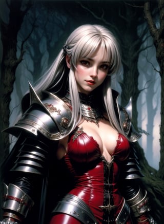 A vampire queen by Luis Royo, intricately ornated silver armor over a fine red leather dress, winter wood background