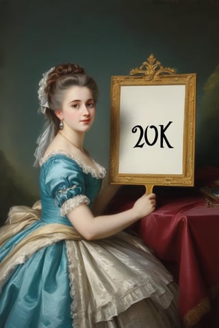 Very beautiful girl holding a white board with the text "20K". Rococo oil paint, bright colors, text as ""