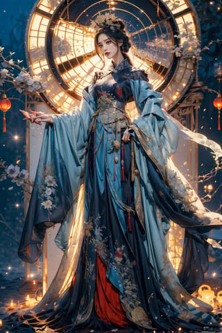 Full body shot of a character standing in majestic pose, hyper realistic representation of a fantasy chinese empress with the most sumptuous wedding hanfu dress made of black and red silk and richly embroidered with gold and silver threads, wide sleeves, intricately carved golden badges and tassels, ghothic cathedral background, rock magic circle, mandala. Art by Yoshitaka Amano, Zhong Fenghua, stunning interpretive visual, gothic regal, colorful, realistic eyes, dreamy magical atmosphere, (film grain), (warm hue, warm tone), cinematic light, side lightings,zhongfenghua,horror (theme)