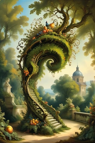 A mystical greenery garden, masterful whimsical topiary sculptures, baroque style vases, fruits, flowers, esotic birds, (multiple fantastic spirals of branches and leaves:1.9), dreamy atmosphere, golden vibes, romantic landscape. Masterpiece, rococo style, painted by Jean-Honoré Fragonard and Esao Andrews