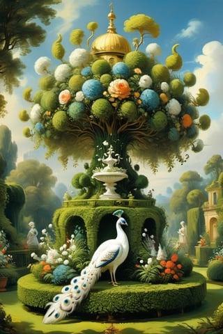 A mystical greenery garden, masterful whimsical topiary sculptures, flowers, one majestic awesome (white:1.2) (peacock:0.8) at the center of the scene. Dreamy atmosphere, golden vibes, romantic landscape. Masterpiece, rococo style, painted by Jean-Honoré Fragonard and Michael Cheval