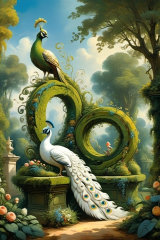 A mystical greenery garden, masterful whimsical topiary sculptures, flowers, a majestic awesome white peacock at the center of the scene. Multiple fantastic spirals of branches and leaves on background. Dreamy atmosphere, golden vibes, romantic landscape. Masterpiece, rococo style, painted by Jean-Honoré Fragonard and Michael Cheval
