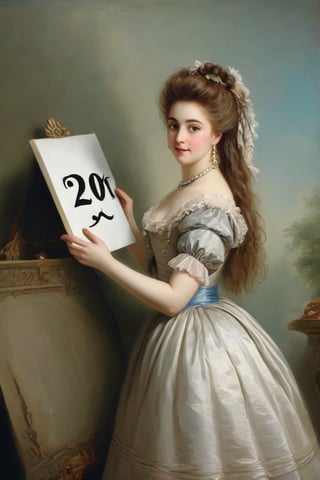 Very beautiful girl holding a white board with the text "20K" written in large letters. Rococo oil paint, bright colors, text as ""
