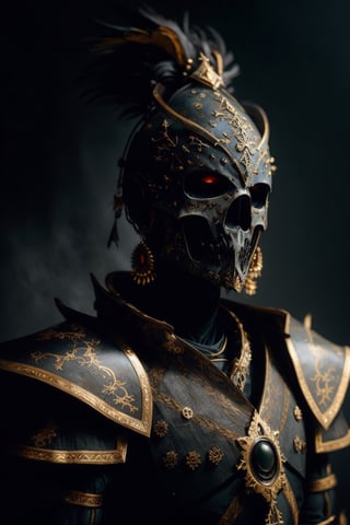 Three-quarter portrait, venetian carnival multicolored stempunk cyborg, black eyes, bone surfaced armor, backlit, intricate details, highly detailed, slate atmosphere, cinematic, dimmed colors, dark shot, muted colors, film grain, lut, spooky, depth blur, blurry background dof, bokeh, 3d style,DonM0ccul7Ru57