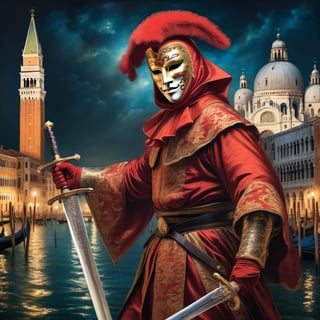 
A full body representation of a swordsman wearing a red Venetian mask, dynamic pose, intricate, colorful, fine facial details, Venice city by night on background, sharp focus, aged oil painting in the style of rembrandt