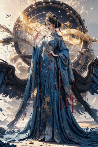 Full body shot of a character standing in majestic pose, hyper realistic representation of a fantasy chinese empress with the most sumptuous wedding hanfu dress made of black and red silk and richly embroidered with gold and silver threads, wide sleeves, intricately carved golden badges and tassels, ghothic cathedral background, rock magic circle, mandala. Art by Yoshitaka Amano, Zhong Fenghua, stunning interpretive visual, gothic regal, colorful, realistic eyes, dreamy magical atmosphere, (film grain), (warm hue, warm tone), cinematic light, side lightings,zhongfenghua,horror (theme)