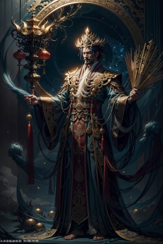 Full body shot of a character standing in majestic pose, realistic representation of a fantasy chinese god, with the most sumptuous wedding hanfu suit made of white silk and richly embroidered with gold and silver threads, intricately carved golden badges and tassels. Under the sea background, magic circles. Art by Yoshitaka Amano, Huang Guangjian, Zhong Fenghua, stunning interpretive visual, gothic regal, colorful, realistic eyes, dreamy magical atmosphere, (film grain), (warm hue, warm tone), cinematic light, side lightings,zhongfenghua,gu,weapon