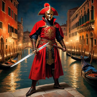 
A full body representation of a swordsman wearing a red Venetian mask, he wields a saber, dynamic pose, intricate, colorful, fine facial details, Venice city by night on background, sharp focus, aged oil painting in the style of rembrandt