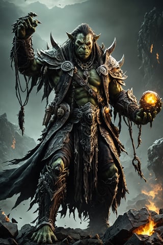 (extremely detailed 8k wallpaper), a medium photo of a fearsome Orc necromancer, intricate, with lots of details, full body photo, dramatic,LegendDarkFantasy
