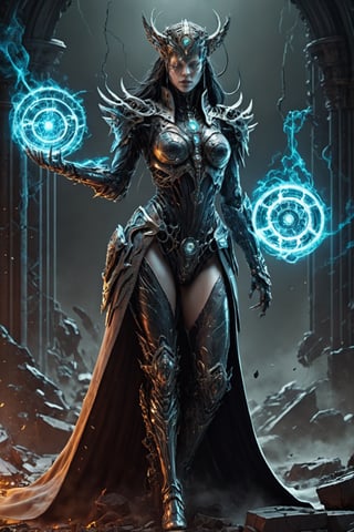 (extremely detailed 8k wallpaper), a medium photo of a fearsome cyborg woman necromancer, intricate, with lots of details, full body photo, dramatic,LegendDarkFantasy