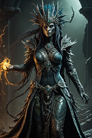 (extremely detailed 8k wallpaper), a medium photo of a fearsome reptilian woman necromancer, intricate, with lots of details, full body photo, dramatic,LegendDarkFantasy