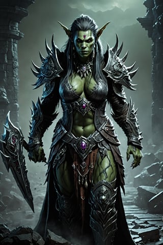 (extremely detailed 8k wallpaper), a medium photo of a fearsome female Orc necromancer, intricate, with lots of details, full body photo, dramatic,LegendDarkFantasy