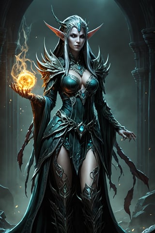 (extremely detailed 8k wallpaper), a medium photo of a fearsome female Elf necromancer, intricate, with lots of details, full body photo, dramatic,LegendDarkFantasy