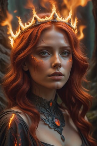 Woman with red hair, in a cracked petrified dress and volcanic lava, a beautiful crown of fire on her head, detailed face, detailed skin, front, burning forest background, cape, unzoom, choker, hyper-detailed painting, luminism, bar lighting, complex, 4k resolution concept artistic portrait of Greg Rutkowski, Artgerm, WLOP, Alphonse Mucha, small realistic gothic pojatti fusion, isometric details bioluminescens fractals: a stunner,fire element