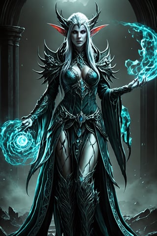(extremely detailed 8k wallpaper), a medium photo of a fearsome female Elf necromancer, intricate, with lots of details, full body photo, dramatic,LegendDarkFantasy