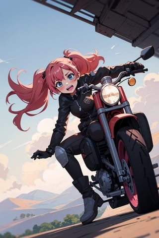 1girl, solo, black hair, long hair, smile, twintails, bike, motorcycle, gloves, leather gloves, jacket, leather jacket, zipper, open zipper, black jacket, black bike, sitting, bike seat, bike ride, wind in hair, happy, excited, pink, pink highlights, pink twintails, pink streaks, bike helmet, protective gear, knee pads, elbow pads, sports bike, sports motorcycle, black outfit, form fitting, black gloves, black pants, black boots, biker chick, anime, anime style, anime girl, illustration, artwork, digital art, by MSchiffer, high resolution, vibrant colors, dynamic, action shot, speed, motion blur, background blur, bokeh, cinematic, dramatic lighting, spotlight, dramatic, badass, confident, ready to ride, revving engine, windblown, hair flowing, beautiful, gorgeous, stunning, pretty, cute, adorable, tough, determined, focused, intense, ready for action, living life on the edge, free spirit, adventurous, thrilling, thrilling ride, open road, wind in her hair, wind blowing, breeze, sunny day, clear skies, clear day, scenic route, scenic ride, breathtaking, breathtaking views, breathtaking scenery, breathtaking landscape, breathtaking views await, breathtaking scenery awaits, breathtaking landscapes await, thrilling adventures await, thrilling journey awaits, thrilling experiences await.