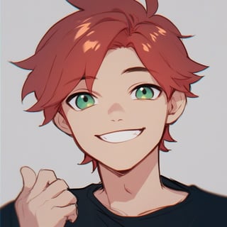 Score_9_up,score_8_up,Digital, Boy, red hair, green eyes, wide smile, looking at the camera, simple background, 19 years old, ,Digit4l, black shirt, solo, portrait 
