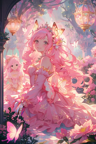 princess, pink hair, pink eyes, pink dress, long hair, flowing hair, gentle smile, graceful, elegant, beautiful, delicate features, rose-themed, floral accents, magical aura, fantasy setting, soft lighting, magical glow, whimsical, dreamlike, enchanting atmosphere, storybook-like, fairytale-inspired, surrounded by nature, magical creatures, enchanting forest, glowing flowers, butterfly accessories, delicate butterfly wings, gentle breeze, flowing dress, peaceful, serene, magical powers, glowing eyes, magical symbols, enchanted rose, fairy tale castle, magical landscape, fantasy art, masterwork, high quality, ultra-detailed, ethereal beauty, otherworldly, fantasy lighting."