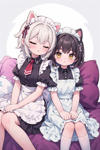 (masterpiece), pillow, 2girls, multiple girls, sleeping upright, sleeping on person, sitting, leaning on person, silver hair, medium hair, sidelocks, maid apron, (maid headdress:1.2), BREAK, black hair, cat ears, medium breasts, yellow eyes