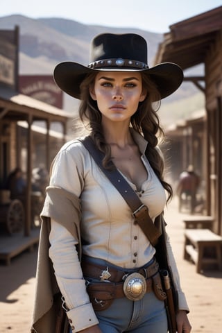 Create a [realistic] [4k] [monochrome] , [high contrast], [photography] that captures the essence of the [wild west], featuring a [masterpiece] that depicts a [space cowboy] scene, futuristic weapons. The photo should be of [exquisite quality], with [specular reflection], [subsurface scattering], [diffuse reflection], [backlight], [soft light]. The image should prominently feature a [single], [extremely beautiful], [young] [woman], who is a [outlaw] and [bandit] with [alluring gaze]. She stands in an [old west] [dusty] town. The woman is dressed in typical cowboy attire, wearing a [poncho] or [black coat], pants with [chaps], [cowboy boots], and a [realistic] [cowboy hat] with [revolvers] in her [holsters], which complement her [natural] beauty and [cowboy] charm. Her [tanned face] is [flushed], [blushed] with [dense delicate freckles] should have [detailed contours] and a [heart-shaped] structure with [delicately proportioned features] and [high cheekbones]. Her [full, pouty lips] should be slightly parted, and her small, narrow nose should add to her charm. Her [detailed eyes] should be enhanced with [black eyeliner] and [black smudged eyeshadow], which beautifully frame her [natural] beauty. In the photo, the woman's skin should be [sweaty], [glossy], and radiant, while her [messy] hair should add to the [natural] appeal of the image. The [wild west] setting should be emphasized, with a [high level of detail] in the [realistic] and [natural] scenery. The [dusty town] should be placed in the background, enhancing the overall [wild west] vibe of the photo. The overall theme of the photograph should be [realistic], [half body] , [natural], and [wild west] in style, highlighting the beauty of the [old west].aim gun, aim gun, ,gunatyou,halsman,more detail XL