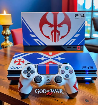 ((A fully customized God of War themed PlayStation 5 on a table)).