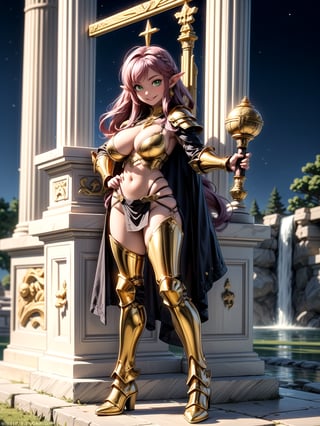 Princess Zelda, ((wearing the golden armor of the Sign of Libra with several gold weapons attached to the armor, extremely tight and tight on the body)), straight purple hair, hair with bangs in front of the eye, ((gigantic breasts)), ((posing, leaning against an item)), staring at the viewer, in the temple of the knight of Sagittarius of ancient Greece, marble pillars, large altars with armor, near a waterfall, is by day, (((full body))), 16k, UHD, better quality, better resolution, better detail, light and shadow effects,
