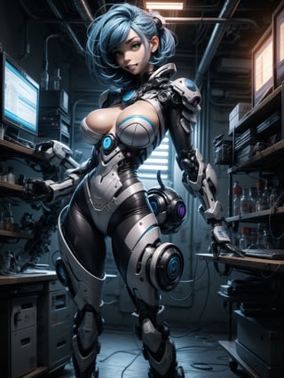 A woman, wearing black costume with parts in blue+mecha costume+medieval armor, very tight on the body, ((gigantic breasts)), blue hair, very short hair, hair with bangs in front of the eyes, is looking at the spectacle, (((sensual pose with interaction and leaning on anything+object+on something+leaning against))) in a laboratory, with machines, robots, computers with floating display, pipes with water cooling the place, ((full body): 1.5); 16K, UHD, maximum quality, maximum resolution, ultra-realistic, ultra-detailed, ((perfect_hands):1), Goodhands-beta2,