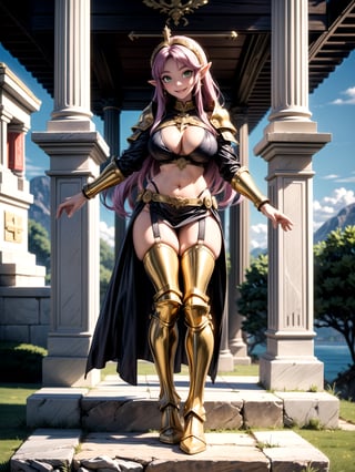 Princess Zelda, ((wearing the golden armor of the Sign of Libra with several gold weapons attached to the armor, extremely tight and tight on the body)), straight purple hair, hair with bangs in front of the eye, ((gigantic breasts)), ((posing, leaning against an item of the scenery)), staring at the viewer, in the temple of the knight of Sagittarius of ancient Greece, marble pillars, large altars with armor, near a waterfall, is by day, (((full body))), 16k, UHD, better quality, better resolution, better detail, light and shadow effects,
