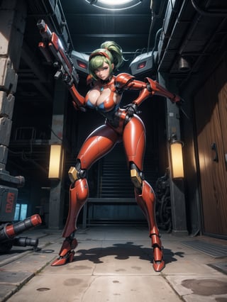 A woman, worn mecha+mecha armor+red bionic armor with white parts, gigantic breasts, helmet with glass visor, green hair, extremely short hair, rebellious hair, hair with ponytail, hair with bangs in front of the eye, looking at the viewer, (((sensual pose+Interacting+leaning on anything+object+leaning against))), in the underworld at night with many machines, robots, machines, metal structures, ((full body):1.5), 16K, UHD, unreal engine 5, quality max, max resolution, ultra-realistic, ultra-detailed, maximum sharpness, ((perfect_hands):1), Goodhands-beta2, [megaman, super metroid], ((mecha))