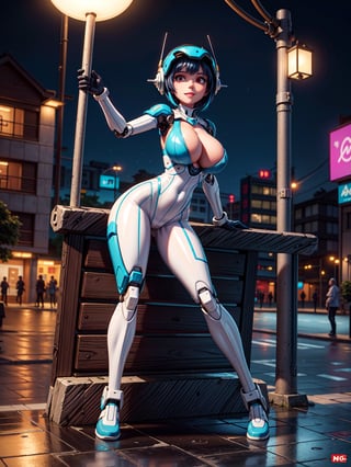 A fairy woman, wearing ((white mecha costume with parts in blue, gigantic breasts, cybernetic helmet)), very short hair, blue hair, messy hair, hair with bangs in front of eyes, magical aura around the body, (((looking at the viewer, sensual pose with interaction and leaning on anything+object+on something+leaning against+leaning against))) in a Japanese bus station at night with heavy rain, many structures, benches, people waiting for the bus, ((full body):1.5); 16K, UHD, unreal engine 5, quality max, max resolution, ultra-realistic, ultra-detailed, maximum sharpness, ((perfect_hands): 1), Goodhands-beta2, ((technological)), ((cyberpunk))