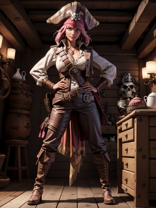 A pirate woman, wearing brown leather coat, white T-shirt, black pants, brown leather boots, steals very stylishly, ((gigantic breasts)), pink hair, messy hair, short hair, straight hair, hair with bangs in front of the eyes, ((pirate hat on the head)), ((pirate eye patch)), looking at the viewer, (((pose with interaction and leaning on [something|an object]))),  on a pirate ship with furniture, structures, many pirates, ((full body):1.5), 16k, UHD, best possible quality, ultra detailed, best possible resolution, Unreal Engine 5, professional photography, well-detailed fingers, well-detailed hand, perfect_hands, ((pirates)), ((pirates of the caribbean style))