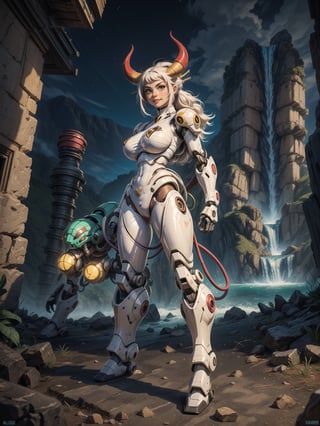 A woman, wearing ((White mecha costume with parts in blue, gigantic breasts, horns)), very short hair, white hair, hair with green locks, messy hair, hair with bangs in front of eyes, magical aura around the body, (((looking at the camera, sensual pose with interaction and leaning on anything+object+on something+leaning against+leaning against))) in an ancient temple at night in the mountains, with many structures, waterfall, altars, pedestals, ((full body):1.5); 16K, UHD, unreal engine 5, quality max, max resolution, ultra-realistic, ultra-detailed, maximum sharpness, ((perfect_hands):1), Goodhands-beta2, ((super metroid))+((mecha)),YamatoV2