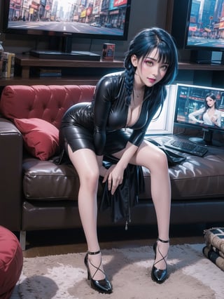 A woman, wearing black domestic sheath attire with white parts, short white skirt, long white socks, black shoes, tight and tight clothing, gigantic breasts, blue hair, hair with solo+short braid, mohawk hair, hair with bangs in front of the eyes, (looking at the viewer), (((sensual pose+Interacting+leaning on anything+object+leaning against))), in a modern apartment with furniture, computers, plasma tv, bed, window, lights on the walls, sofa bed, 16K, UHD, (full body:1.5), unreal engine 5, quality max, max resolution, ultra-realistic, ultra-detailed, maximum sharpness, ((perfect_hands)), better_hands, cyberpunk